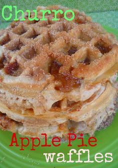 two waffles stacked on top of each other with the words churro apple pie waffles