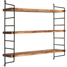 two wooden shelves with metal brackets on each side and one shelf holding bookshelves