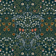 an intricately designed wallpaper with flowers and leaves in blue, green, orange and yellow colors