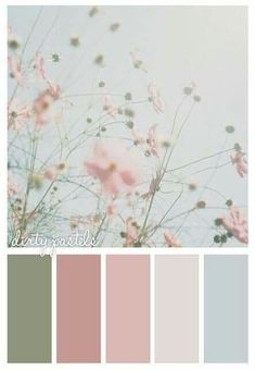 pink and grey color palette with flowers in the middle, on a blue sky background