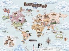 the world map with animals and people on it, all in different colors is shown