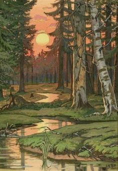 a painting of trees and water with the sun setting in the distance behind them,