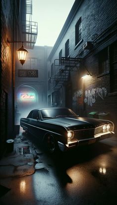 an old car is parked on the street at night