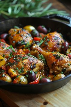 a pan filled with chicken and olives on top of a wooden cutting board