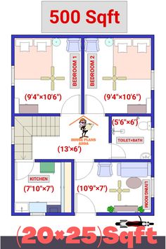 the floor plan for an apartment with two bedroom and one bathroom in each room, which is