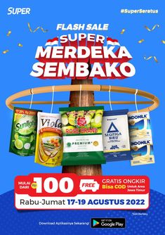 an advertisement for the super merdelka sembako event, with bags hanging from a pole