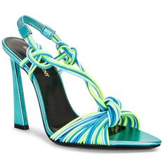 Saint Laurent Strappy Sandal Size 35 Color:Blue/Green Thermoplastic Upper With Leather Sole Made In Italy Leather Footbed Strappy Knotted Styling Elasticized Slingback Strap Pointed Toe With Stiletto Heel Approx 100mm/ 4 Inch Heel Multicolor Slingback Sandals For Party, Blue Synthetic Slingback Sandals, Chic Green Lace-up Sandals With Wrapped Heel, Chic Green Lace-up Sandals With Open Heel, Blue Strappy Synthetic Heels, Blue Open Toe T-strap Sandals, Hot Pink Pumps, Green Synthetic Sandals With 4-inch Heel, Black Block Heel Sandals