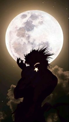 the silhouette of a man standing in front of a full moon with his hands up to his face