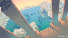 an animated view of the ocean and sky from inside a building with columns on either side