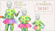 three mannequins dressed in brightly colored clothing with words above them that read infant toddler child