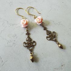 "Coral Pink Rose Filigree Brass Vintage Style Earrings. 2.75\" long." Elegant Rose Dangle Earrings, Elegant Rose Earrings With Ear Wire, Victorian Pink Earrings For Wedding, Victorian Style Pink Earrings For Wedding, Jewel Earrings, Gold Snake Chain, Vintage Style Earrings, Jeweled Earrings, Old Rose