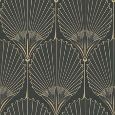 an art deco wallpaper design with fan like shapes in grey and gold on a black background