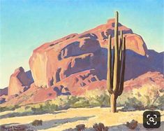 a painting of a desert scene with a cactus and mountains in the backgroud