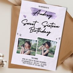 a birthday party flyer with two photos on it