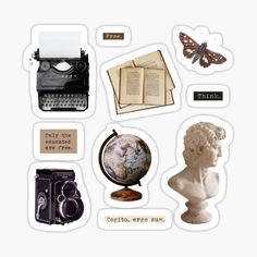 an assortment of old fashioned items including a typewriter, book, and globe sticker