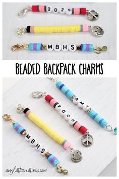 bead necklace charms with the words beaded backpack charms in different colors and sizes