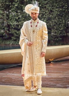 Groom Wear Sherwani In Cream Color... Sherwani For Men Wedding Royals, Bride Fashion Illustration, Indian Groom Dress, Groom Sherwani, Wedding Kurta, Groom Pose