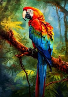 a painting of a colorful parrot perched on a tree branch in the jungle with green and yellow foliage