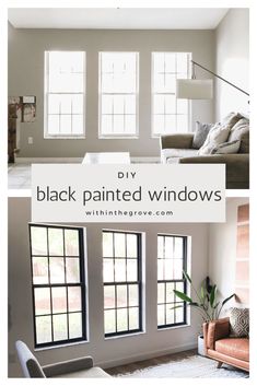 three different windows with the words diy painted windows in white and black on them