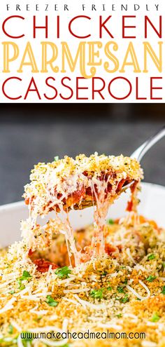 chicken parmesan casserole is being lifted from the casserole dish