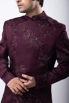 Maroon linen satin bandhgala with thread, sequins and cutdana hand emboidery. Comes with black suiting trouser. - Aza Fashions Embellished Fitted Kurta In Raw Silk, Silk Kurta For Formal Festivals, Formal Silk Kurta For Festivals, Elegant Traditional Wear With Dori Work For Formal Occasions, Elegant Traditional Wear With Dori Work For Formal Events, Silk Bandhgala With Intricate Embroidery For Wedding, Elegant Formal Traditional Wear With Dori Work, Elegant Formal Sets With Dori Work, Embroidered Silk Bandhgala For Reception