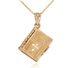 If need a gorgeous gift for a loved one to show them they are always protected and thought is, this Bible Necklace with the Matthew 6:9 13 passage is the only thing you need. The entire Bible Necklace is covered with the most precious details, from the working book clasp that opens to the stunning engraving on the front and back covers. The Holy Bible and cross front cover showcase a beautiful rendition of the Good Book, with the God Bless You on the back a reminder to the wearer to remain stron Bible Necklace, Bible Gifts, Holy Bible Book, 3d Pendant, Book Pendant, Lords Prayer, Gifts Christian, Bible Book, White Gold Pendant Necklace