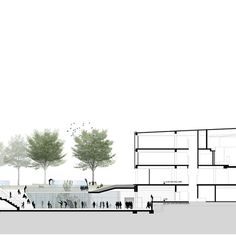 an architectural rendering of a building with people walking around it