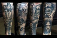 three different tattoos on the legs of people with footballs and helmets tattooed on them