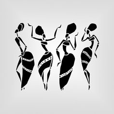 three silhouettes of women dancing with their hands in each other's pockets on a white background