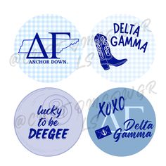 four round stickers with the words delta gama, lucky to the delta and delta delta