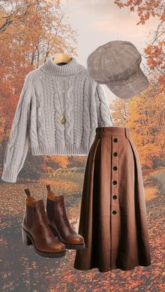 #fall #fallinspo #falloutfits #fallmoodboard #autumn #autumnvibes #fallvibes #coldweather #sweater #sweaterszn #sweaterweather #longskirt #maxishirt #brownboots #fallboots #fallhat #cap #hat #gold Cool Toned Fall Outfits, Autumn Vintage Outfit, Cottagecore Aesthetic Outfits Winter, Modest Fall Outfits Casual, Fall Modest Outfits, Fall Sweater Outfits, Rok Midi, Rok Outfit, Thanksgiving Outfit Ideas