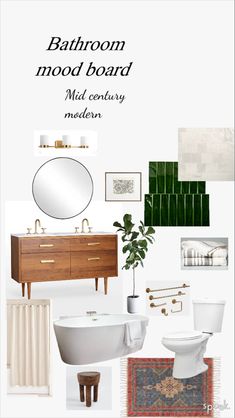 bathroom mood board with white and green accents