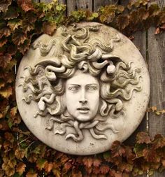 a stone face surrounded by ivy on a wooden fence