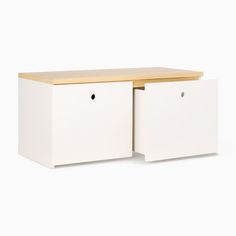 a white cabinet with two drawers and a wooden top