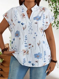 Plus Size Women's Summer Floral Printed Batwing Short Sleeve Loose Shirt With Notched V-Neckline White Casual,Boho  Short Sleeve Woven Fabric Floral,Plants,All Over Print Top Non-Stretch  Women Plus Clothing, size features are:Bust: ,Length: ,Sleeve Length: Bohemian V-neck Printed Blouse, Vacation Floral Print Blouse With Split Neck, Vacation Split Neck Blouse With Floral Print, Printed Split Neck Blouse For The Beach, Spring Bohemian V-neck Top, Vacation V-neck Printed Blouse, Printed V-neck Blouse For Vacation, White Floral Print Split Neck Tops, Blue Bohemian Blouse With Split Neck