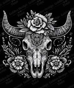 a bull skull with flowers on it's head and an ornate design in the middle