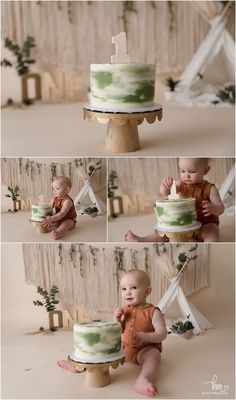 a baby is sitting in front of a cake