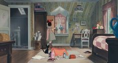 an animated image of a woman standing in a bedroom looking at her belongings on the floor