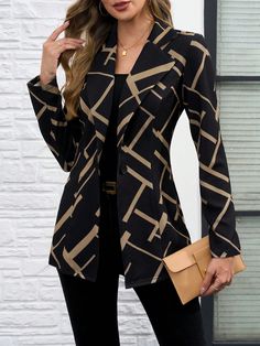 Women Casual Cinched Waist Notch Collar Allover Print Single Button Blazer Black Elegant  Long Sleeve Knitted Fabric Colorblock,Geometric,All Over Print,Textured Pattern Regular Medium Stretch Spring/Fall Women Clothing, size features are:Bust: ,Length: ,Sleeve Length: Patterns Clothing, Blazer Casual, Single Button Blazer, Sheer Tights, Notch Collar, Blazer Black, Casual Blazer, Blazer Buttons