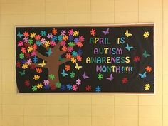 Using some pins I found on Pinterest as inspiration, here is the bulletin board I created for Autism Awareness Month!    I'm not a creative person, but I have a message to share! Inspirstional Quotes, Spirit Posters, School Spirit Posters, Class Board, Boards Ideas, Creative Person, Bristol Board, Daycare Crafts, School Bulletin Boards