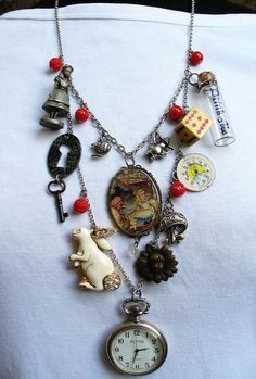 Found Object Necklace, Junk Necklace, Clutter Necklace, Alice In Wonderland Jewelry, Colar Chocker, Vintage Alice In Wonderland, Found Object Jewelry, Pocket Watch Necklace, Junk Jewelry