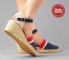 "Diegos high wedge American stripes Carmen espadrilles for women. Wedge sole height : 2,5\" (6 cm) These classic high wedge Carmen espadrilles have an easy clip-on ankle strap for complete support. To improve comfort, a padded insole is hand-sewn to the jute wedge sole of the espadrilles. True to Spanish tradition, the cotton canvas is entirely hand-stitched to the jute rope sole. We ship from NY - Easy returns." Parisian Stripes, Summer Shoes For Women, Red Espadrilles, Espadrilles Shoes, French Stripes, Northern Spain, Wedge Espadrilles, High Wedges, Most Comfortable Shoes