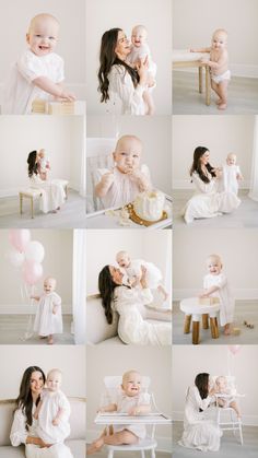 a collage of photos with babys and balloons