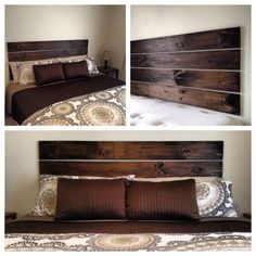 four pictures of a bed with brown sheets and pillows on it, including the headboard