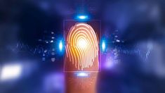 a fingerprint is being held up in front of a computer screen with blue lights