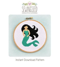 the mermaid cross stitch pattern is shown on a white background with text that reads instant downloaded pattern