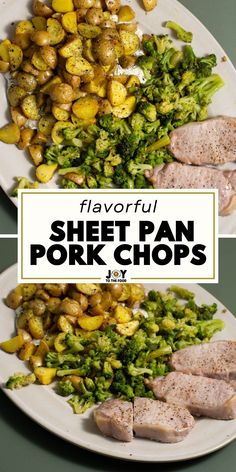 two plates filled with different types of food on top of a green tablecloth and the words, flavorful sheet pan pork chops