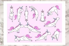 a pink card with unicorns in different positions and colors on the front, one has a