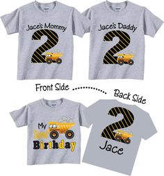 three matching shirts with the number 2 and two trucks on them, one for each child's birthday