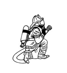 a black and white drawing of a fireman with a hose attached to his back